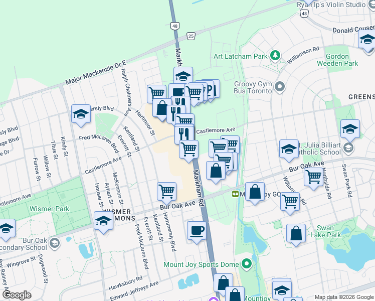 map of restaurants, bars, coffee shops, grocery stores, and more near 9750 Markham Road in Markham