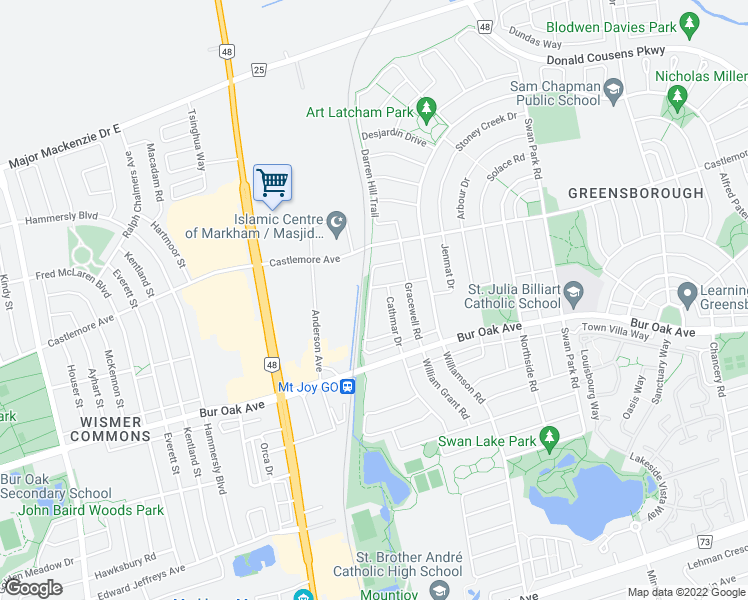 map of restaurants, bars, coffee shops, grocery stores, and more near 73 Harry Blaylock Drive in Markham