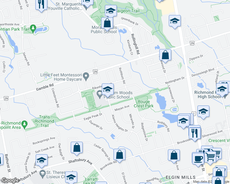 map of restaurants, bars, coffee shops, grocery stores, and more near 37 Idyllwood Avenue in Richmond Hill