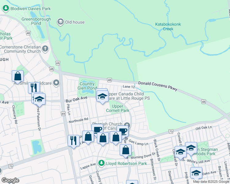 map of restaurants, bars, coffee shops, grocery stores, and more near 13 Highbury Court in Markham