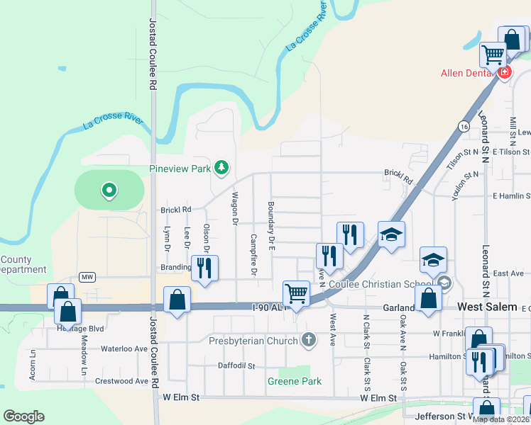 map of restaurants, bars, coffee shops, grocery stores, and more near 631 Campfire Drive in West Salem