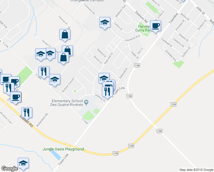 map of restaurants, bars, coffee shops, grocery stores, and more near 3 Brighton Place in Orangeville