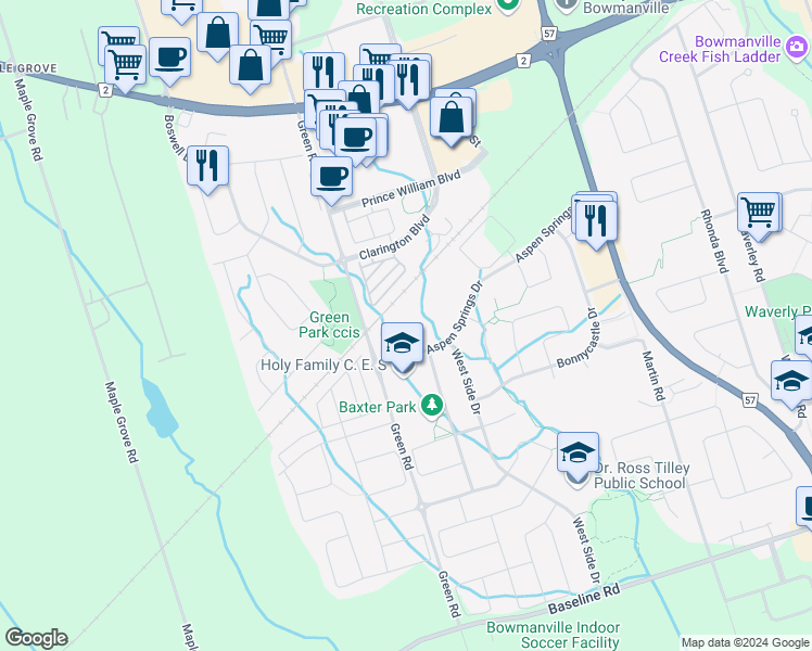 map of restaurants, bars, coffee shops, grocery stores, and more near 128 Aspen Springs Drive in Bowmanville
