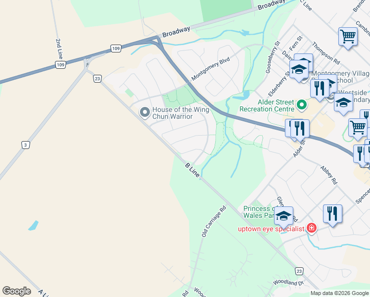 map of restaurants, bars, coffee shops, grocery stores, and more near 19 McKitrick Drive in Orangeville