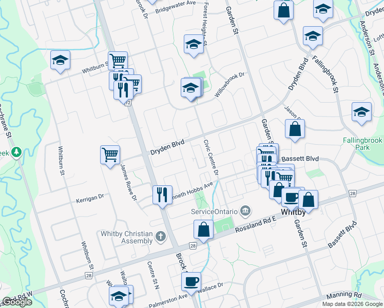 map of restaurants, bars, coffee shops, grocery stores, and more near 20 Petra Way in Whitby
