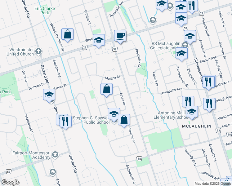 map of restaurants, bars, coffee shops, grocery stores, and more near 840 Charisma Crescent in Oshawa
