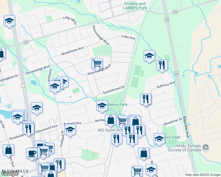 map of restaurants, bars, coffee shops, grocery stores, and more near 62 Summitcrest Drive in Richmond Hill