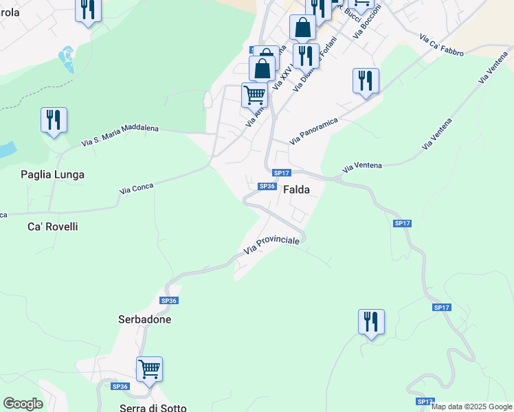 map of restaurants, bars, coffee shops, grocery stores, and more near 4470 Via Provinciale in Falda