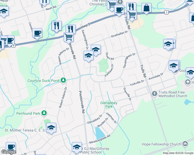 map of restaurants, bars, coffee shops, grocery stores, and more near 23 Windham Crescent in Clarington