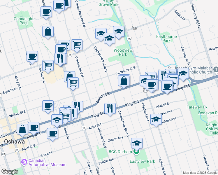 map of restaurants, bars, coffee shops, grocery stores, and more near in Oshawa
