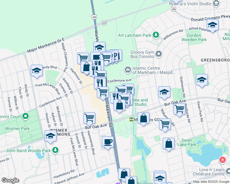 map of restaurants, bars, coffee shops, grocery stores, and more near in Markham