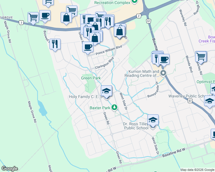 map of restaurants, bars, coffee shops, grocery stores, and more near 128 Aspen Springs Drive in Bowmanville