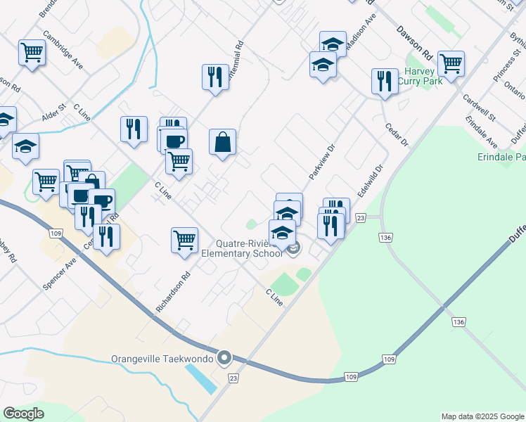 map of restaurants, bars, coffee shops, grocery stores, and more near 60 Burbank Crescent in Orangeville
