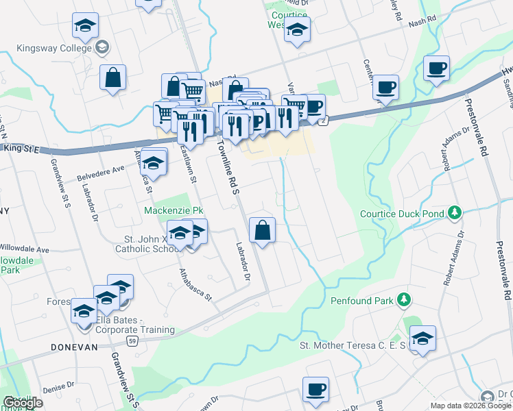 map of restaurants, bars, coffee shops, grocery stores, and more near 46 Barron Court in Clarington
