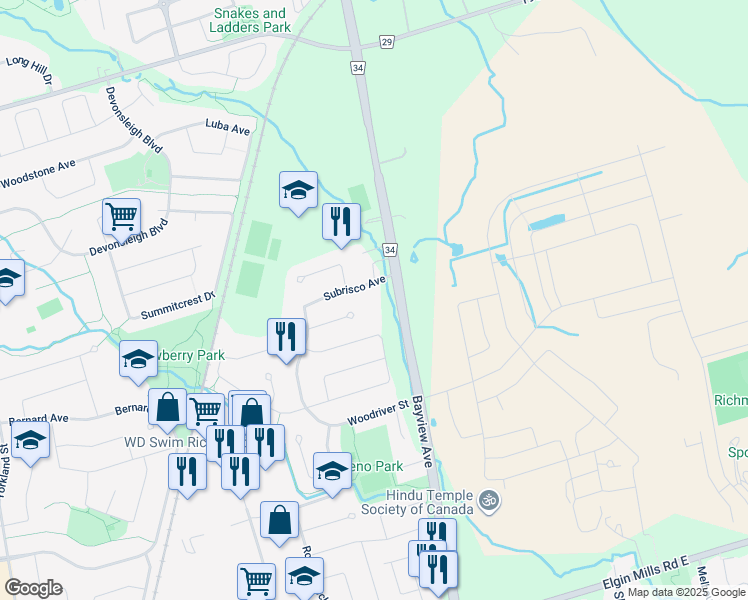 map of restaurants, bars, coffee shops, grocery stores, and more near 11182 Bayview Avenue in Richmond Hill