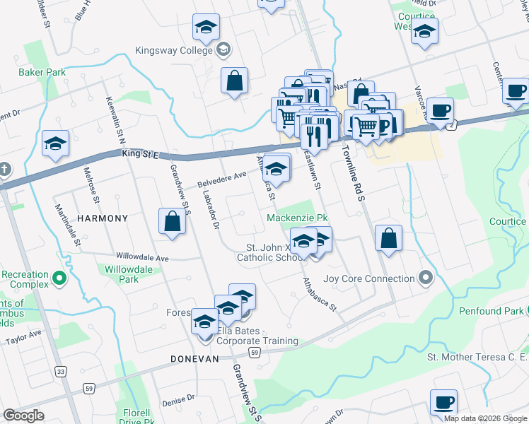 map of restaurants, bars, coffee shops, grocery stores, and more near 97 Thorncliffe Street in Oshawa
