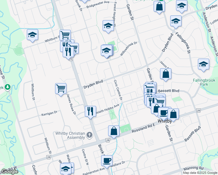 map of restaurants, bars, coffee shops, grocery stores, and more near 15 Petra Way in Whitby
