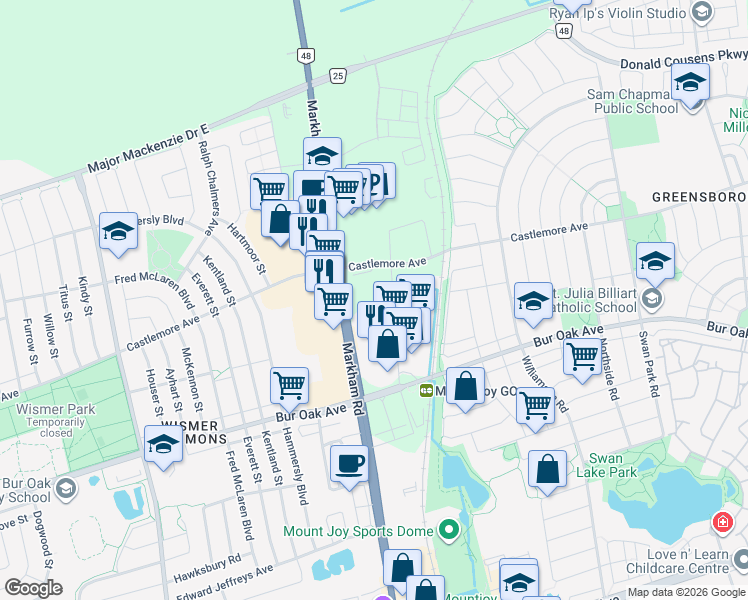 map of restaurants, bars, coffee shops, grocery stores, and more near 9751 Markham Road in Markham
