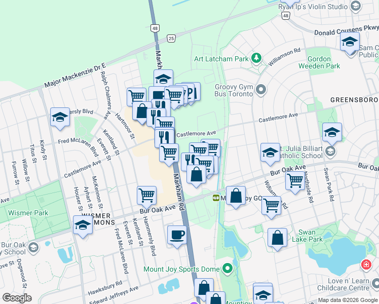 map of restaurants, bars, coffee shops, grocery stores, and more near in Markham