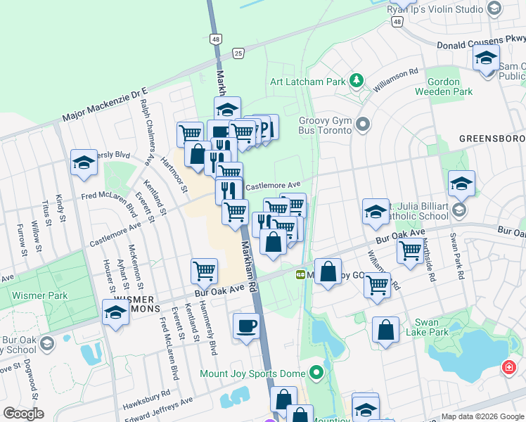 map of restaurants, bars, coffee shops, grocery stores, and more near 9751 Markham Road in Markham