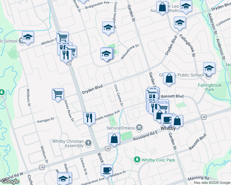 map of restaurants, bars, coffee shops, grocery stores, and more near 88 Petra Way in Whitby