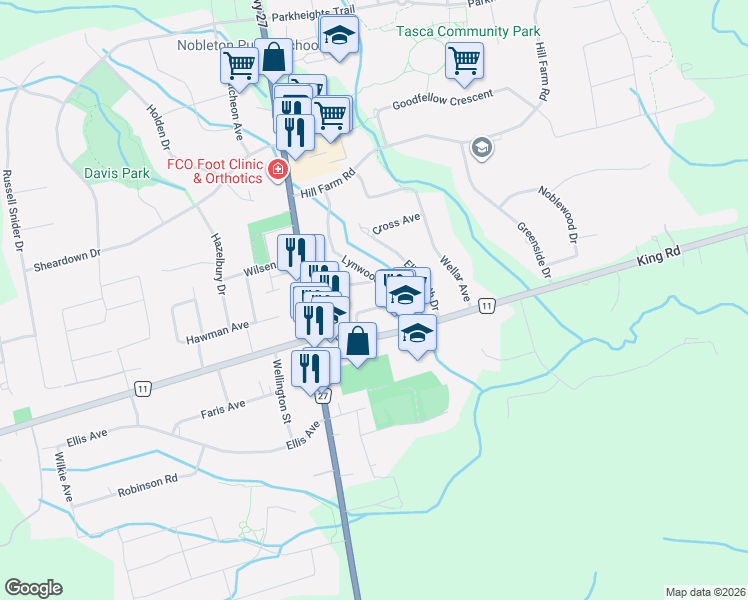 map of restaurants, bars, coffee shops, grocery stores, and more near 26 Royal Avenue in Nobleton