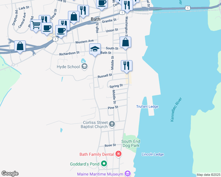 map of restaurants, bars, coffee shops, grocery stores, and more near 52 Spring Street in Bath
