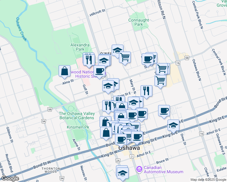 map of restaurants, bars, coffee shops, grocery stores, and more near in Oshawa