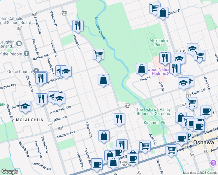 map of restaurants, bars, coffee shops, grocery stores, and more near 283 Ridgeway Avenue in Oshawa