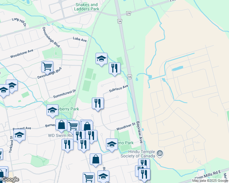 map of restaurants, bars, coffee shops, grocery stores, and more near 25 Subrisco Avenue in Richmond Hill