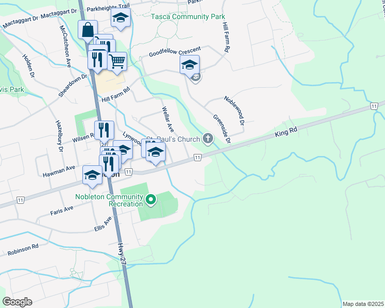 map of restaurants, bars, coffee shops, grocery stores, and more near 5780 King Road in Nobleton
