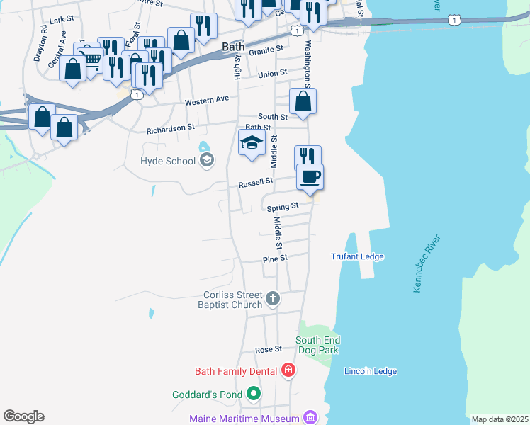 map of restaurants, bars, coffee shops, grocery stores, and more near 52 Spring Street in Bath