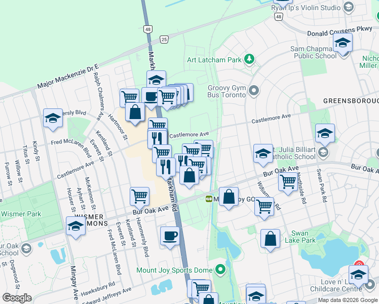 map of restaurants, bars, coffee shops, grocery stores, and more near 168 Anderson Avenue in Markham