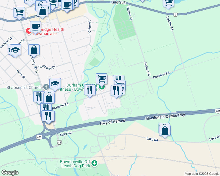 map of restaurants, bars, coffee shops, grocery stores, and more near 200 Baseline Rd E in Bowmanville