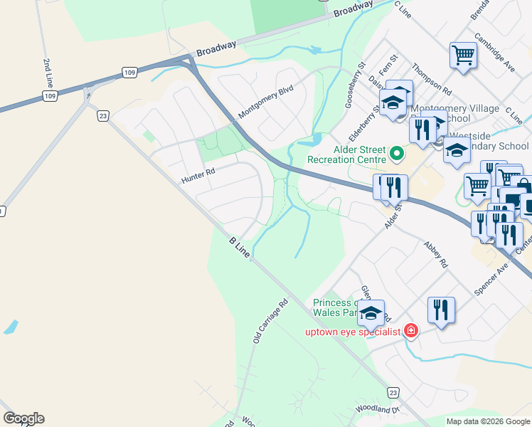 map of restaurants, bars, coffee shops, grocery stores, and more near 87 Hunter Road in Orangeville