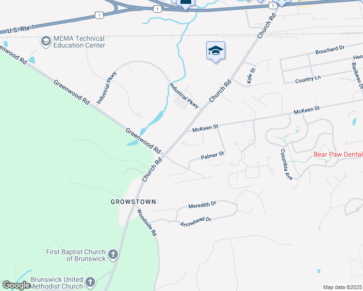 map of restaurants, bars, coffee shops, grocery stores, and more near 1 Birch Meadow Road in Brunswick