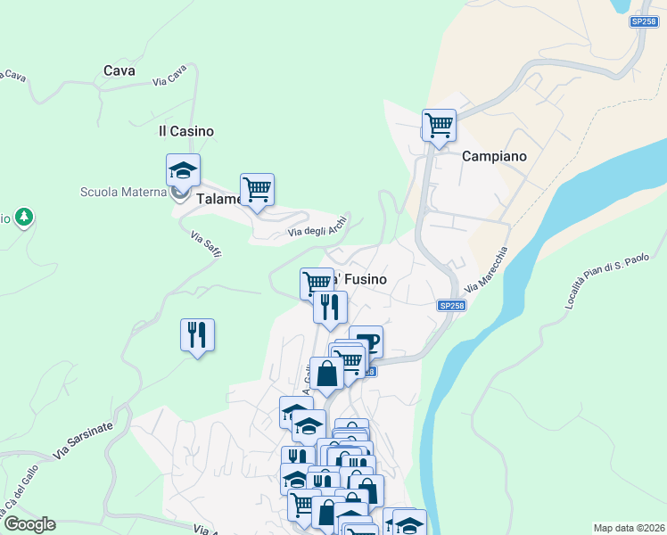 map of restaurants, bars, coffee shops, grocery stores, and more near 40 Via Cà Fusino in Ca' Fusino