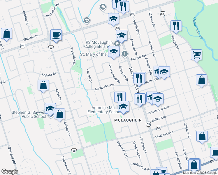 map of restaurants, bars, coffee shops, grocery stores, and more near 645 Annapolis Avenue in Oshawa