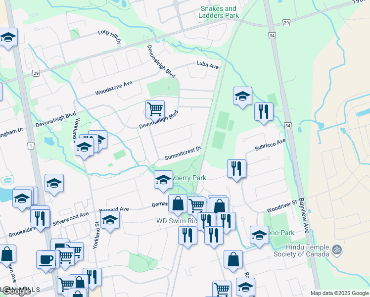 map of restaurants, bars, coffee shops, grocery stores, and more near 70 Summitcrest Drive in Richmond Hill