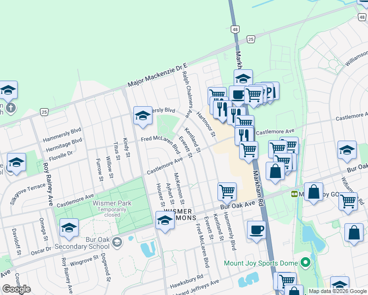 map of restaurants, bars, coffee shops, grocery stores, and more near 244 Everett Street in Markham