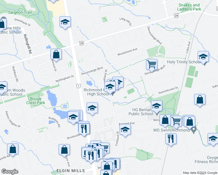 map of restaurants, bars, coffee shops, grocery stores, and more near 1 Brookwood Drive in Richmond Hill