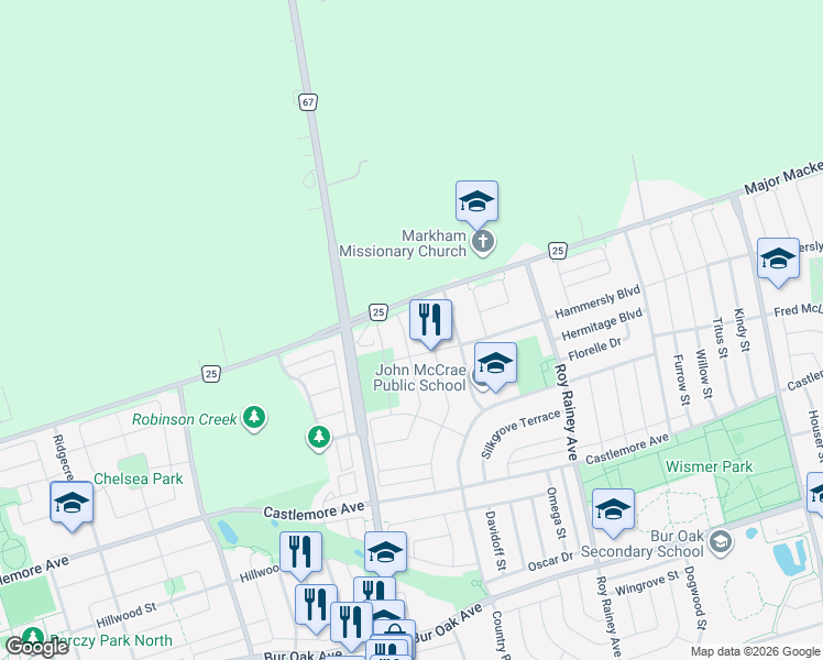 map of restaurants, bars, coffee shops, grocery stores, and more near 85 Landsdown Crescent in Markham