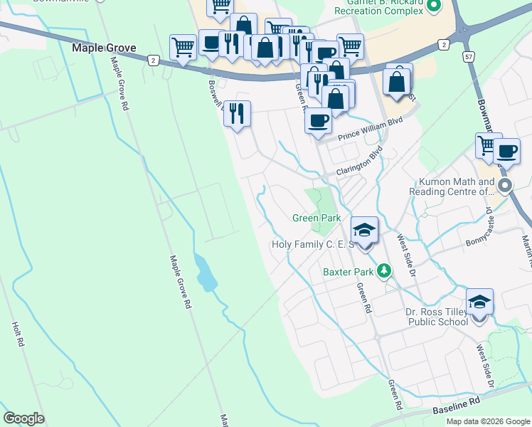 map of restaurants, bars, coffee shops, grocery stores, and more near 63 Hammond Street in Bowmanville