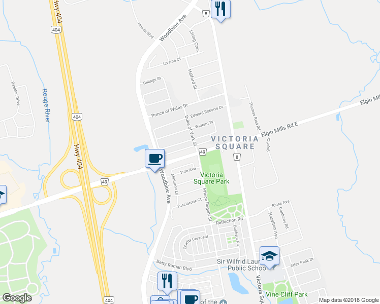 map of restaurants, bars, coffee shops, grocery stores, and more near 2886 Elgin Mills Road East in Markham
