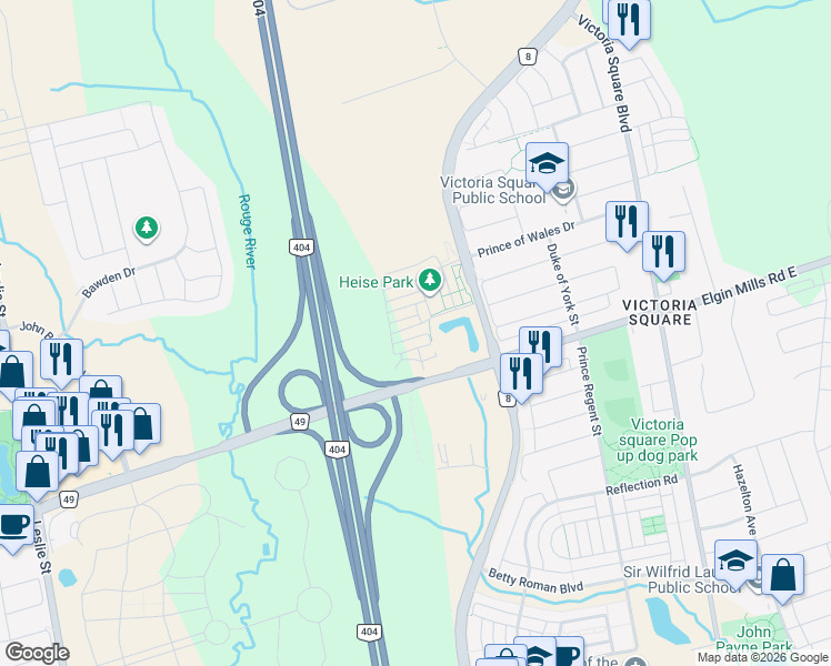 map of restaurants, bars, coffee shops, grocery stores, and more near 19 Breyworth Road in Markham