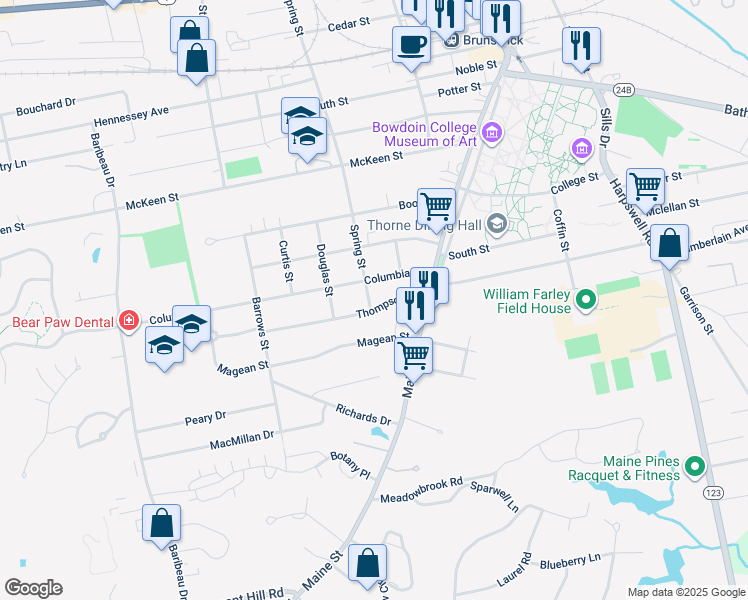 map of restaurants, bars, coffee shops, grocery stores, and more near 95 Spring Street in Brunswick