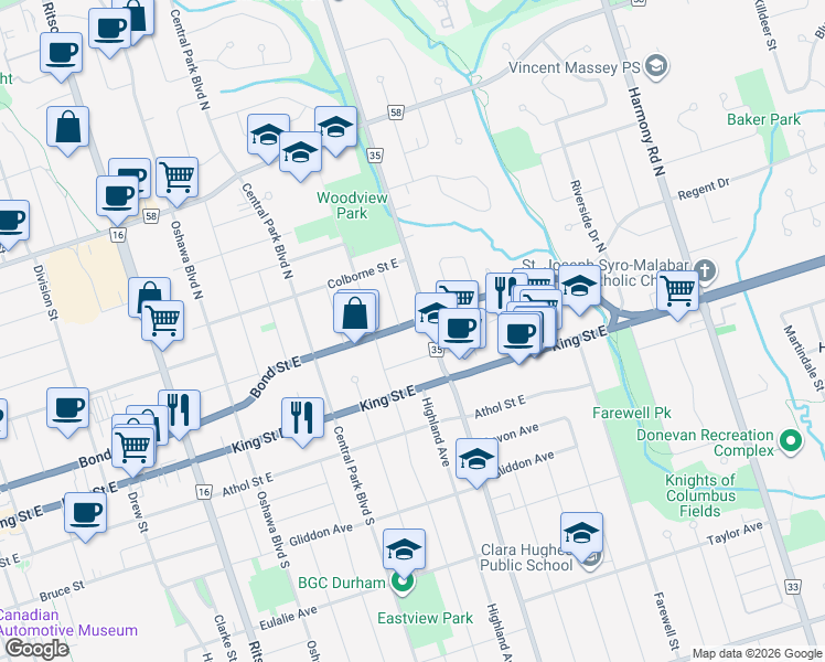map of restaurants, bars, coffee shops, grocery stores, and more near 525 Bond Street East in Oshawa