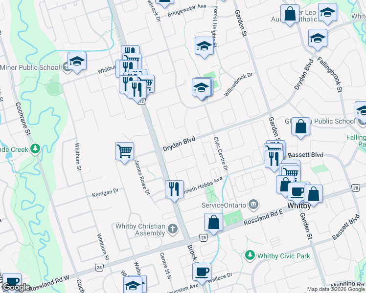 map of restaurants, bars, coffee shops, grocery stores, and more near 93 Robideau Place in Whitby