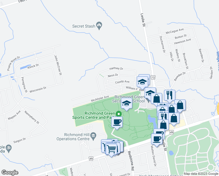 map of restaurants, bars, coffee shops, grocery stores, and more near 88 William F. Bell Parkway in Richmond Hill