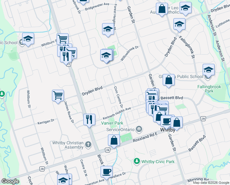 map of restaurants, bars, coffee shops, grocery stores, and more near 92 Petra Way in Whitby